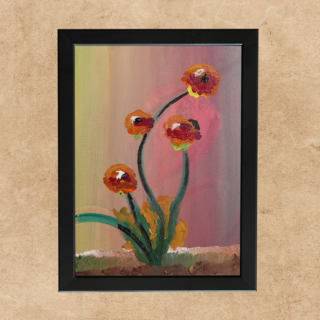Painting of four red and orange wildflowers